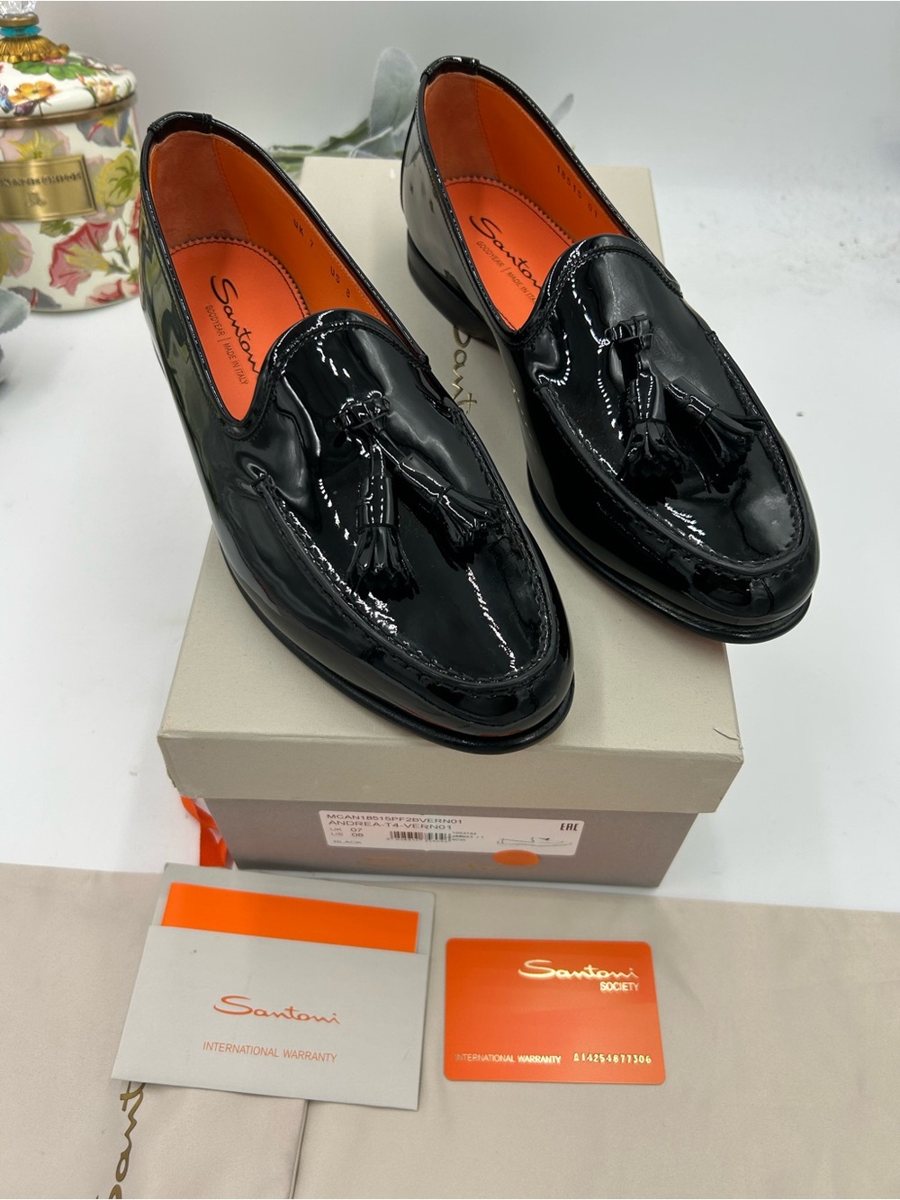 Men's Santoni Black Patent Leather Tassel Loafers size 8 US made in Italy